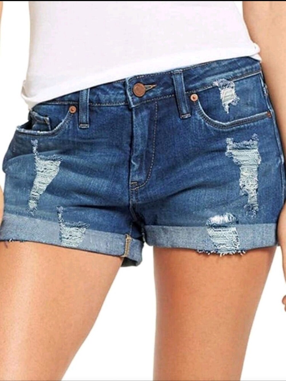 Distressed Roll-Cuff Denim Shorts - Blue